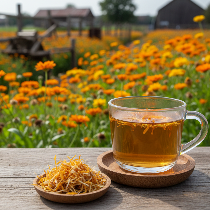 calendula petals tea in farm