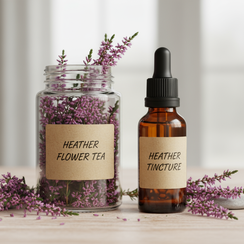heather flower tea and tincture side by side